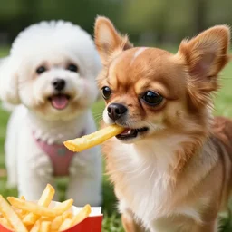 a photorealistic closeup image of a cute brown colored long haired chihuahua cocker spaniel dog eating french fries with a happy white bichon frise dog at the park. brightly lit. extreme detail. 4 k hd unreal engine