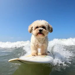 a cream-colored havanese foil surfing, gopro photo, 4k