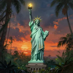backlight on statue of liberty in post apocalyptic amazon jungle , moody sunset and dramatic sky , color oil painting by frazetta, low angle,wide angle, cinemascope panorama