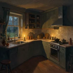weird!!!!! perspective epic illustration of a kitchen dim lit by 1 candle in a scenic environment by Anton Fadeev