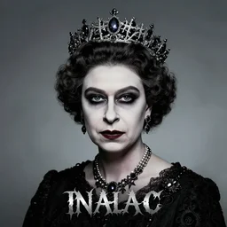 Death Metal album cover, Queen Elizabeth II in gothic makeup, hyperdetail, ArtStation, dark, grungy, vines, royal jewels, purple felt curtains, silver, the moon. Album title is Lizzy
