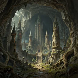 A highly detailed 4K fantasy matte painting of city in cave walls. And tree roots, ArtStation, CGSociety, Unreal Engine