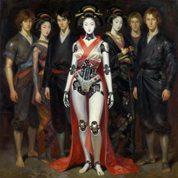 portrait full body geisha cyborg ethnic girl painting by gaston bussiere, greg rutkowski, yoji shinkawa, yoshitaka amano, tsutomu nihei, donato giancola, tim hildebrandt, oil on canvas, trending on artstation, featured on pixiv, cinematic composition, extreme detail