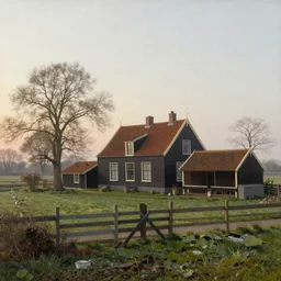 Serene Dutch rural countryside farmhouse and well and stable early morning sunrise in spring, Oil painting, atmospheric lighting, highly detailed Rembrandt van Rijn, Aert de Gelder, Esaias van de Velde.