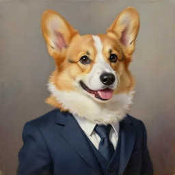 oil painting, a developer corgi in a suit, intricate, masterpiece, artstation, stunning