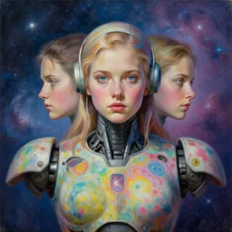 young female battle robot, award winning, portrait bust, symmetry, faded lsd colors, galaxy background, tim hildebrandt, wayne barlowe, bruce pennington, donato giancola, larry elmore, masterpiece, trending on artstation, cinematic composition, beautiful lighting, hyper detailed!!!, 8 k, oil on canvas