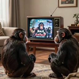 a scene of two chimps in the living room watching an old time black and white television with a still frame of the movie the planet of the apes on it.