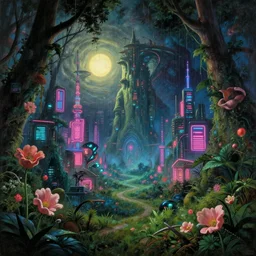 reclaimed by nature by pieter bruegel the elder, myst retrowave studio ghibli reclaimed by nature synthwave tundra neon noir cgsociety dieselpunk tokyo lightpaint rainforest neon signs poppy cyberpunk alien nature sunlight cosmic at dawn apocalyptic san andreas universe, archdaily, wallpaper, highly detailed, trending on artstation.