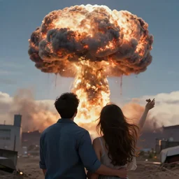 a young couple watching a nuclear explosion, romantic, mushroom cloud, uplifting, happy, apocalytic detailed digital matte painting