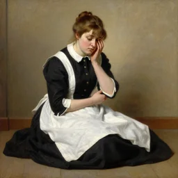 painting by Edmund Blair Leighton of a beautiful barmaid sitting on the floor, looking sad, detailed face, pulling her dress with one hand and touching her face with the other