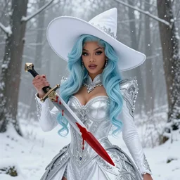 beautiful female cardi b with light pastel blue hair, holding a dagger dripping in vibrant red blood, wearing a white silver dress with intricate beautiful design, very wide brimmed pointed white hat with small intricate details around edge, snow forest, snow, particles, misty, highly detailed, detailed illustration, art by wlop and guweiz, artstation, deviantart, medium shot