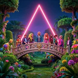 exquisite ornate bridge over highly manicured gardens under neon triangle sun, highly detailed, cinematic, synthwave, tim white, vladimir kush, chris foss, roger dean, philippe druillet, michael whelan, lisa frank, bob eggleton, alfred kelsner, kubrick