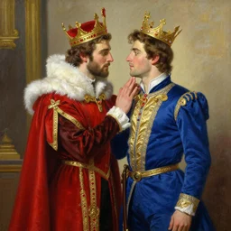 attractive fully clothed king confesses his love for his attractive fully clothed male prince. highly detailed painting by craig mullins, gaston bussiere, mark brooks, j. c. leyendecker