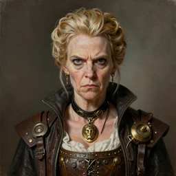 portrait painting of a scowling dieselpunk maggie smith as minerva mcgonagall, sharp focus, award - winning, trending on artstation, masterpiece, highly detailed, intricate. art by josan gonzales and moebius and deathburger