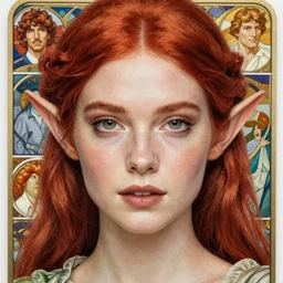 highly detailed closeup portrait of beautiful elf woman with red hair, very detailed, realistic, card, by Stanley Artgerm Lau, greg rutkowski, thomas kindkade, alphonse mucha, loish, norman rockwell J.