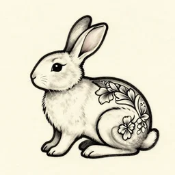 well - detailed tattoo stencil of a rabbit side view, bold lines art floral motif
