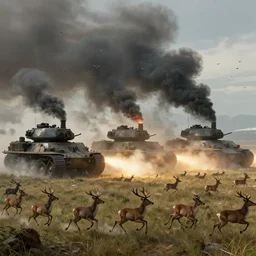 nature being invaded by huge smoking war machines which emit a reg light, deer running away, flocks of birds flying, made by stanley artgerm lau, wlop, rossdraws, artstation, cgsociety, concept art, cgsociety, octane render, trending on artstation, artstationhd, artstationhq, unreal engine, 4 k, 8 k,