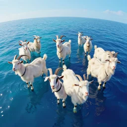 Floating goats on LSD over a technicolor ocean, Darek Zabrocki, Karlkka, Jayison Devadas, Phuoc Quan, trending on Artstation, 8K, ultra wide angle, pincushion lens effect.