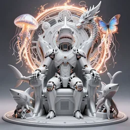 Cybernetic shark in space , sitting on intricate throne, high tech, cyberpunk, dystopian, jellyfish phoenix dragon, butterfly squid, burning halo, intricate artwork by Guy Denning, very coherent symmetrical artwork, cinematic, hyper realism, high detail, octane render, unreal engine, 8k, Vibrant colors, Smooth gradients, High contrast, depth of field,