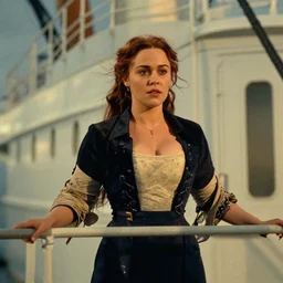 movie still of a emilia clarke with a very big bust, standing on the upper deck outside, titanic ship exterior, directed by Quintin Tarantino