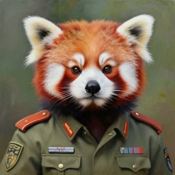 oil painting of an anthropomorphic red panda in military uniform, amazing detail