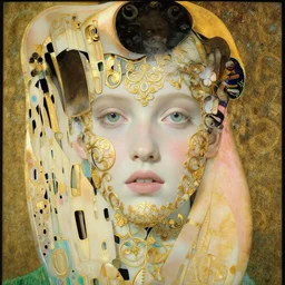 a beautiful girl's face made of ivory and gold filigree, vintage photo by edward hopper, by Bosch, by klimt, art noveau, highly detailed, strong lights, liminal, eerie, Bright pastel colors, octane render, 8k,