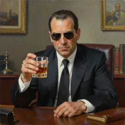 beautiful oil matte portrait painting : mafia boss. holding a glass of whiskey. at 5 0 s new york office desk. wonderful masterpiece. highly detailed. central composition