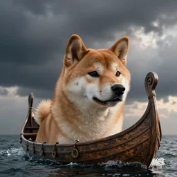 a shiba-inu carved into the head of a viking longboat