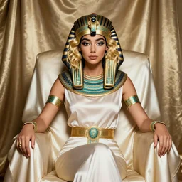 bust portrait of sexy girl sitting in silks on the throne, egiptian goddes costume, blonde, curly hair, clean face, provocative make up, symmetrical face, looking straight, smooth skin, jewelry, ecstasy, cute, fashion editorial photography, from vogue magazine, ultra realistic, reflections