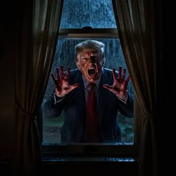photo of the inside of a dark old rainy bedroom window at night with the curtains pulled back, dimly lit creepy | screaming face of donald trump staring in and pressing his bloody face and hands against the window, horror, scary face, demonic face,