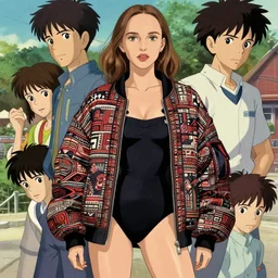 a a cool boy! natalie portman alluring gravure! model, wearing oversized mayan bomber jacket and leotard with overalls, bulky poofy bomber jacket with mayan patterns, aztec street fashion, gapmoe yandere grimdark, trending on pixiv fanbox, painted by greg rutkowski makoto shinkai takashi takeuchi studio ghibli, akihiko yoshida