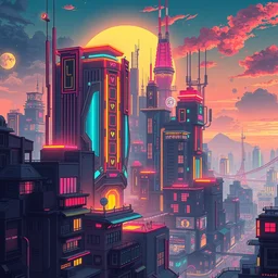 by zeng fanzhi, colorful, 4 k, a solarpunk city, futuristic, geometric, ordered, pixel art style