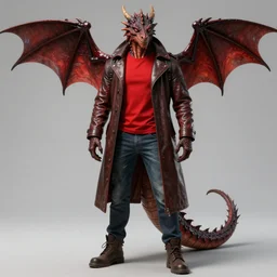 a humanoid dragon in a leather coat, red T-shirt, and jeans Trending on artstation DeviantArt Pinterest Photorealistic HD 8k highlights and shadow detailed High Resolution