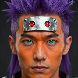 a close up of a man's face with orange skin, green eyes, and purple hair styled in a mohawk. He also has a metal plate on his forehead with two red lights in the center