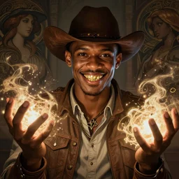 handsome young African-American cowboy with a smirk and gold teeth with a nice eyes catch light, holding dark and light magic in both hands, volumetric lighting, D&D, fantasy, intricate, cinematic lighting, highly detailed, digital painting, artstation, concept art, smooth, sharp focus, illustration, art by Greg Rutkowski and Alphonse Mucha and Jacob Lawrence