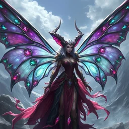 banshees in gorgeous costumes, with giant gemstone butterfly wings, character design, detailed rendering, realistic smooth detailed art, complex lines, concept art, scene art, panorama.