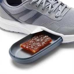 athletic shoe, shoe sole contains hidden compartment slid open, hidden compartment contains beef jerky, product photo