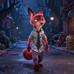 a scene for nick walking on the dark scary street at midnight, from zootopia 2