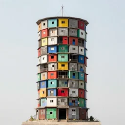 a short circular tower, made up of colourful makeshift squatter shacks, vertical blank spaces, dystopia, sony a 7 r 3, f 1 1, fully frontal view, photographed by jeanette hagglund