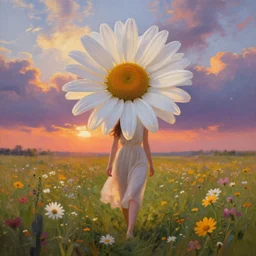 giant daisy flower as head, full body, girl walking in a flower field, surreal photography, sunrise dramatic light, impressionist painting, colorful clouds, digital painting, artstation, simon stalenhag, flower face