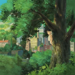 a close - film still of a disney ghibli pixar painting style forest city, close up at theash tree, trending on pixiv fanbox, painted by pixar makoto shinkai takashi takeuchi studio ghibli, aki