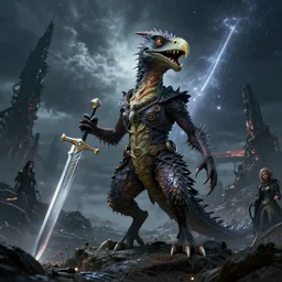 a reptile bird chimera hybrid with claws fangs bristles wearing surreal clothes wielding the magical sword excalibur, on a dark ruined alien world during a meteor storm, in the style of boris vellejo, julie bell, leng jun, fantasy, dramatic lighting, science fiction, octane render 8 k