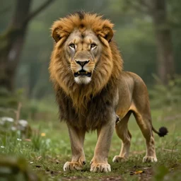 clear portrait of a anorexic lion, hideous appearance, nature background, malnourished, cottagecore!!, background hyper detailed, character concept, full body, dynamic pose, intricate, elegant, highly detailed, digital painting, artstation, concept art, smooth, sharp focus, illustration, art by artgerm and greg rutkowski and alphonse mucha