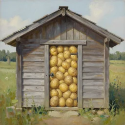 oil painting of cabin with a door made out of potatoes
