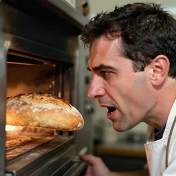 closeup portrait of a baker fighting bread that's trying to escape from the oven, by Steve McCurry and David Lazar, natural light, detailed face, CANON Eos C300, ƒ1.8, 35mm, 8K, medium-format print