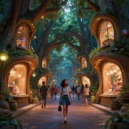 amish girl walking down narrow street crowded with people between futuristic organic giant wooden tree shopfronts, night, organic bioluminescent street lights, forest canopy understory, cinematic lighting, octane render, 3 d pixar disney digital cgi rtx hdr painting, highly detailed, artstation cgsociety masterpiece, ridley scott, syd mead