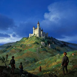 fantasy landscape hill with a tiny castle, gorgeous lighting blue sky moody clouds by kim jung giu weta studio, mucha, bautista and norman rockwell and greg rutkowski and tom bagshaw and james gurney and lucasfilm