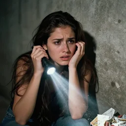 A young woman, long hair, fear, left ear, left hand, flashlight, dirty Concrete wall, dust, trash ; basement , night; 90's professional color photograph, close up, view from front.