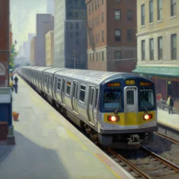 A big train moving in the middle of new york city,  very coherent, painted by Edward Hopper, Wayne Barlowe, painted by James Gilleard, airbrush,  art by JamesJean