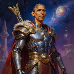 A cyborg Barack Obama as the tyrant emperor of the universe. Trending on ArtStation. A vibrant digital oil painting. A highly detailed fantasy character illustration by Wayne Reynolds and Charles Monet and Gustave Dore and Carl Critchlow and Bram Sels